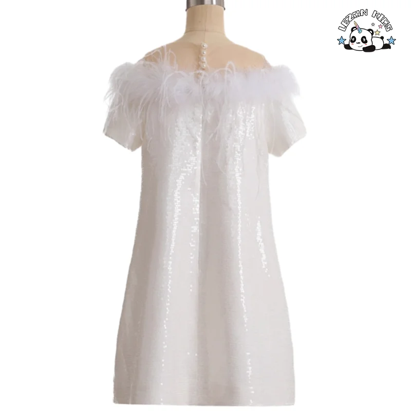 LEZONKIDS - Vestidos de Luxo com Lantejoulas para Meninas, com Pena e Manga Off Shoulder para Apresentações de Piano